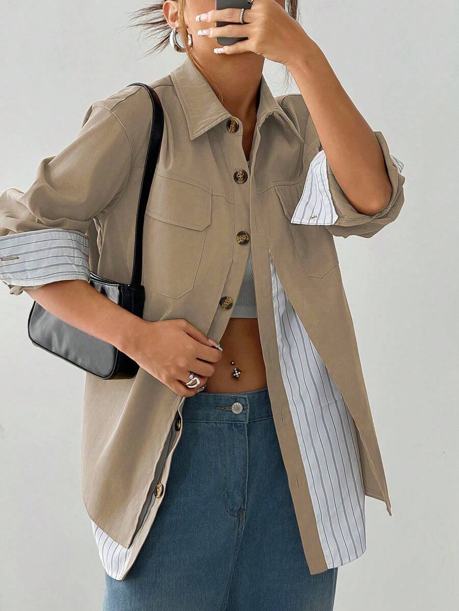 Teenage Girls' Casual All-Match Versatile Commuting Urban Daily Striped Faux 2-In-1 Shirt Jacket Fall Winter - Khaki - View 1