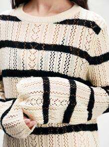Chiquease Pulover tricotat cu mânecă lungă și dungi, guler rotund, scobit din buzunar, toamnă-iarnă