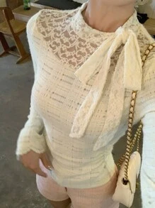 DAZY Women's Textured Fabric Lace Patchwork Tie-Up Long Sleeve T-Shirt - Beige - View 6