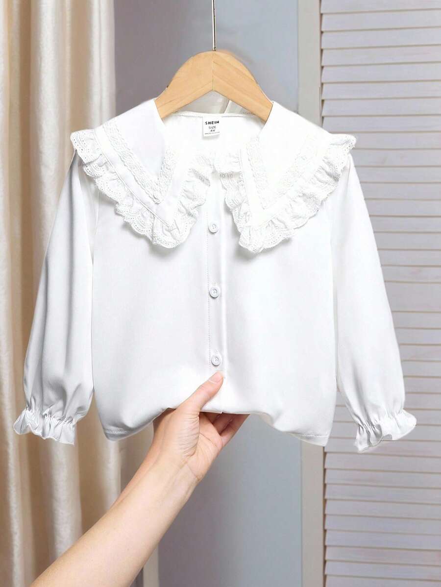 SHEIN Playful Pals 年轻女孩刺绣花卉荷叶边领长袖衬衫，优雅，春秋 - 白色 - 查看 1