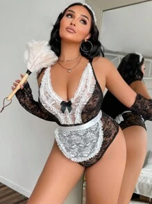 Fantasy Costume 大码性感内衣套装，5件套黑白蕾丝 - 黑與白 - 查看 1