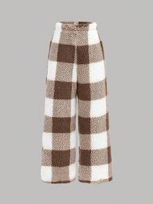 SHEIN 2pcs Teen Girl Plaid Pocket Decor Round Neck Long Sleeve Pajama Set With Plaid Pants, Comfortable Flannel Sleepwear For Autumn/Winter - Khaki - View 8