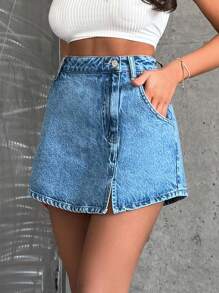 EURMUSE 100%Cotton Rigid, Slit Detailed Skort Fit - Medium Wash - View 5