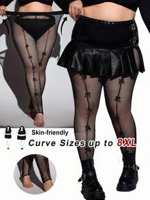 SHEIN CURVE+ Plus Size Punk Sweet Y2K Black Sheer Butterfly Print Leggings Plus Size Fishnet Tights Bow Tights/Autumn /Winter Halloween - Black - View 6