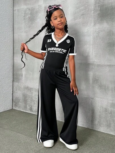 Tween Girl Casual Daily Street & Back-To-School Black & White Striped Contrast Color Snug Fit T-Shirt + Straight Pants Set