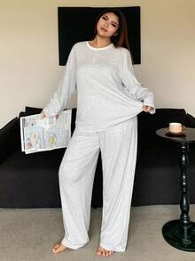 Dazy Plus Bộ đồ ngủ tay dài cổ tròn phối vải chắp vá màu tương phản kèm quần ống rộng, cỡ lớn dành cho nữ, trang phục thu đông, trang phục ấm áp - Xám - Xem 6