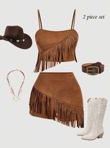 SHEIN MOD Bộ đồ tua rua da lộn nâu 2 món cỡ lớn cho nữ, Trang phục lễ hội âm nhạc, Phong cách miền Tây, Trang phục miền Tây, Trang phục hòa nhạc ven biển, Trang phục sa mạc, Bộ đồ nghỉ lễ hai món, Dành cho đi chơi - Lạc đà - Xem 1