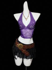 SHEIN ICON Women Slim Fit Spaghetti Strap Backless Tank Top With Flower Mesh And Hot Rhinestones And Neck Tie For Summer - Purple - View 3