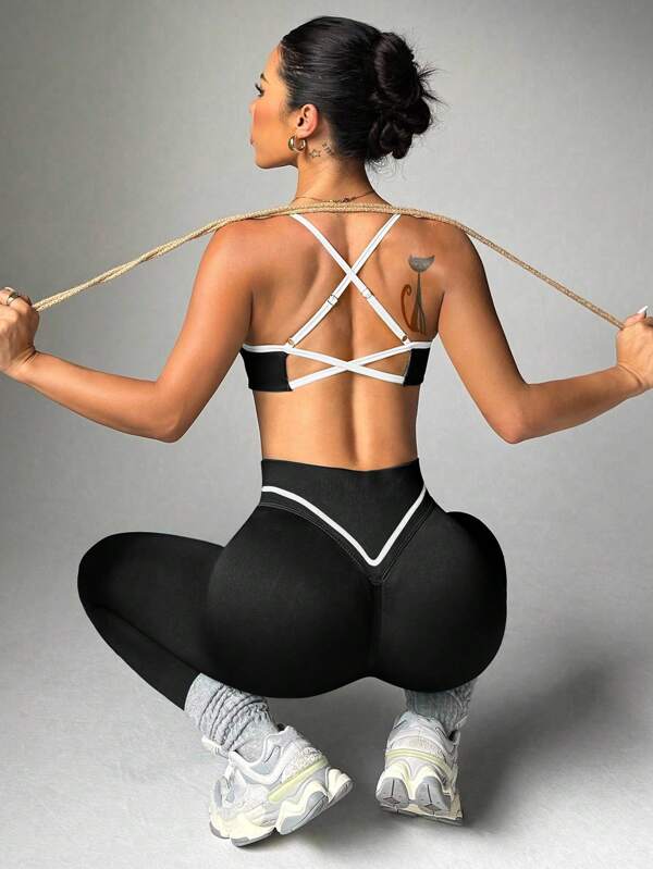 Slayform 撞色边露背吊带背心和无缝高弹力紧身裤女士运动套装健身套装露背运动胸罩健身套装