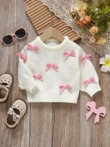 1pc Baby Girl Ivory Knitted Sweater With 3D Bow Decor, Round Neck Long Sleeve Cute Pullover Top, Fashion Baby Girl Sweater Newborn Sweater Baby Knitwear Bow Sweater Baby Girl Jumper Bow Baby Baby Girl Pink Bow White Sweater Fall Winter For Autumn Winter Baby Autumn Sweater Baby Girls Winter Clothes Baby Girls Fall Clothes Baby Girl Fall Outfits - White - View 6