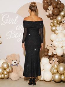 Loomaby 孕妇纯色亮片露肩长袖鱼尾下摆修身优雅连衣裙