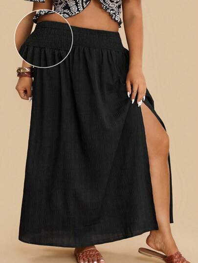 SHEIN VCAY Plus Size Women Black Textured Fabric Loose Elastic Waist A-Line Long Skirt With Front Slit, Casual Summer/Autumn Skirt Long Summer Skirt Long Skirt With Slit Black Skirt Cover Up Skirts For Women Split Thigh Swimsuit Cover Up Skirt Vacation Holiday Beach Summer City Break Boho Chic Travel Airport Going Out Country Old Money Vintage Women , Tulum, Teacher Back To School Fall Women Autumn