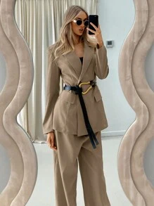 Aloruh Women's Elegant Khaki Summer Business Casual Office Suit Set,Long-Sleeved Jacket,High Waist Wide-Leg Pants,Simple Basic Commuting 2pce Autumn/Winter - Khaki - View 7