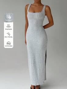 FavEase Damen einfarbiges Maxikleid mit Schlitz-Saum für den täglichen Gebrauch - Hellgrau - Übersicht 1