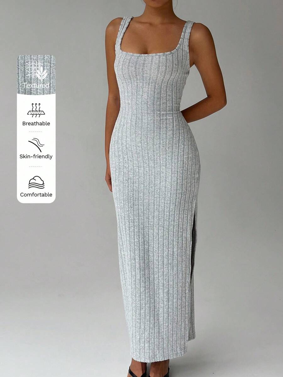 FavEase Damen einfarbiges Maxikleid mit Schlitz-Saum für den täglichen Gebrauch - Hellgrau - Übersicht 1