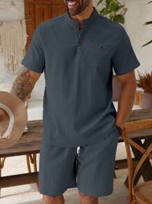 ResortEase Plus Size Men's Solid Color Round Neck Short Sleeve Shirt And Shorts Set