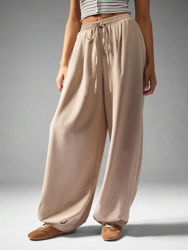 MISSGUIDED High Waisted Wide Leg Palazzo Pants Drawstring Elastic Waist Pleated Loungewear Casual Fall Winter Trousers