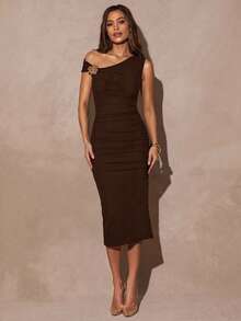 Silquee Đầm ôm cổ lệch màu thanh lịch dành cho nữ, mùa hè - Cà phê nâu - Xem 6