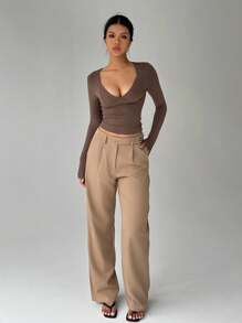 Flirla 1pc Women's Casual, Daily, Commuting, Shopping Asymmetrical Waist Relaxed Fit Pants - Khaki - View 6