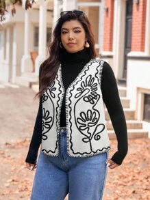 Vionelle Plus Size Contrast Color Embroidered Sleeveless Jacket - Multicolor - View 6