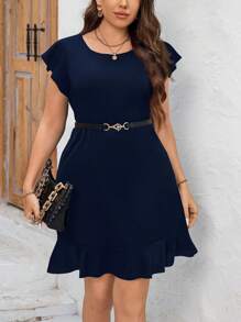 SHEIN Clasi Vestido casual de verano de talla grande de unicolor con volantes, atuendos de oficina para mujeres - Azul Marino - Ver 1