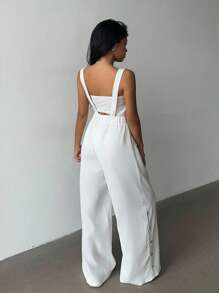 INAWLY Plus Size Women Loose Solid Color Casual Wide Leg Jumpsuit With Pockets - White - View 2