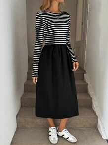 Easowa 女士休闲中长连衣裙，圆领长袖，合身黑白条纹褶皱 A 字裙，适合度假和日常穿着，秋冬 - 黑與白 - 查看 2