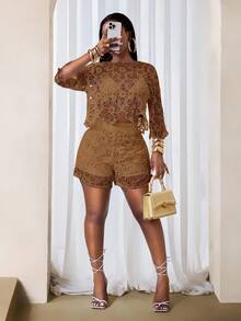 BamGleam Áo kiểu nữ dệt kim bốn mùa, chất liệu ren xuyên thấu, khoét eo gợi cảm, tay loe, kiểu dáng thanh lịch. - Màu Khaki - Xem 6