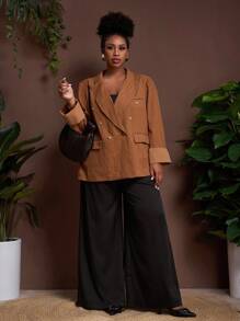 Veslaya 2025 Autumn/Winter New Large Women's/Autumn Women's/Return To School/School Clothing/Y2k/Street Style/Date Outing/Work/Office/Women's Airport Clothing/Party/Commuting/Elegant/Cocktail/Punk/Decadent/Valentine's Day/Commuting French Loose Brown Texture Fabric Flat Barge With Pocket Long Sleeve H-Shaped Double Row Buckle Fall