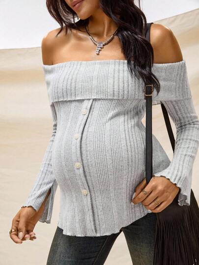 Boho Mama Maternity Solid Color Off Shoulder Flare Sleeve Frill Trim Striped Single-Breasted T-Shirt  Fall Clothes  Boho Maternity Maternity Tops  Cute Top Off The Shoulder Fall Winter Clothes Off The Shoulder Tops Cute Maternity TOP