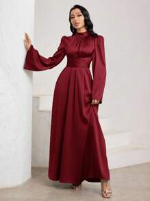 Veilorie 女式优雅纯色喇叭袖阿拉伯风格连衣裙 - 酒紅色 - 查看 6