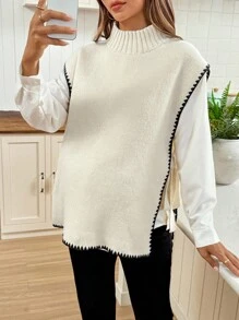 SHEIN 秋季服装，秋季服装，孕妇装秋季服装孕妇针织背心立领，侧边花边结饰设计斗篷上衣无袖女式上衣毛衣上衣女式毛衣背心斗篷上衣