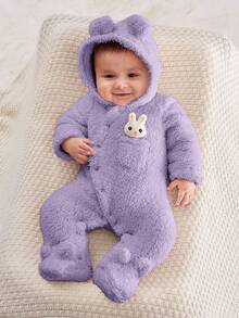 SHEIN Baju Terusan Bayi Perempuan Baru Lahir Berkerudung dan Berkaki Bahan Fleece untuk Musim Gugur dan Musim Dingin - Mauve Purple - View 4