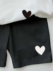 SHEIN Set da 2 pezzi casual per bambine composto da maglietta a girocollo a maniche corte con stampa a cuori dipinta a mano e leggings, adatto per primavera/estate