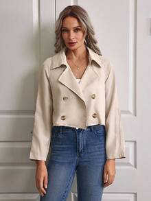 EMERY ROSE 女式简约优雅短款宽松杏色磨边风衣 - 杏色 - 查看 3