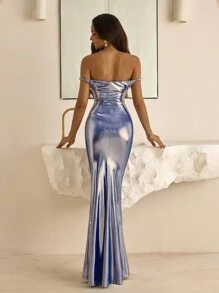 Vowa Millennium Babe 全息奶油色闪亮蓝色紧身裙，适合派对、联欢晚会、舞会、音乐节和其他女性场合 - 藍色 - 查看 2