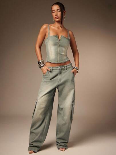 Hauture セクシー サマー カジュアル オリーブ ウォッシュ ストレッチ デニム カーゴ バレルパンツ