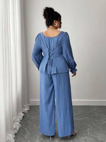 Elenzga Bộ 2 món áo sơ mi dài tay buộc dây lưng màu trơn cỡ lớn dành cho nữ và quần ống rộng thường ngày - Màu xanh lam - Xem 4