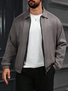 Manfinity Homme 男士休闲宽松麂皮夹克，深灰色，日常穿着，送给男友/老公的礼物，周年纪念礼物，男士拉链夹克，男士休闲夹克，男士麂皮夹克，男士衬衫式夹克，男士飞行员夹克，抓绒夹克 - 深灰色 - 查看 4