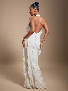 Hauture Women's Summer Sexy Low Front Neck Ruffle Ivory Night Out Maxi Dress - Apricot - View 4