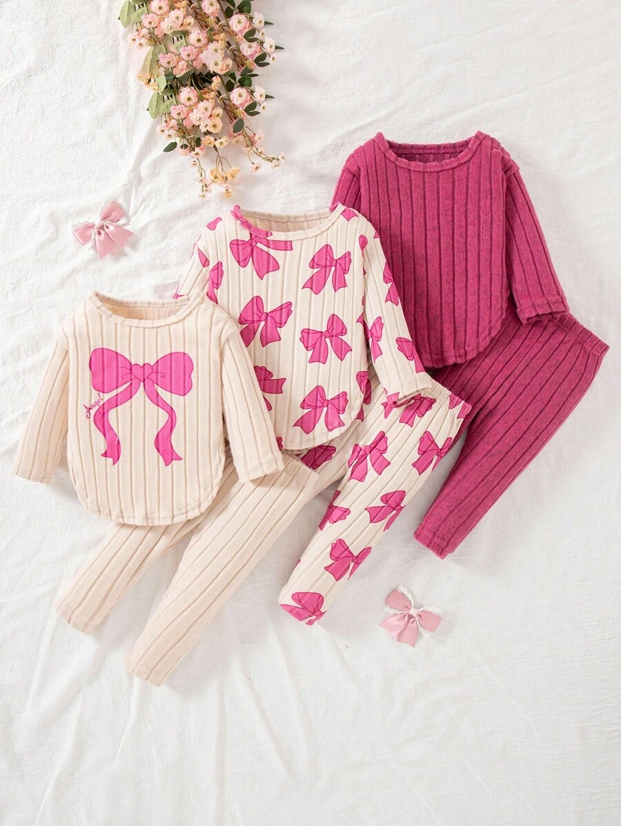 SHEIN Playful Pals 6件套可爱女婴春秋罗纹面料蝴蝶结印花/蝴蝶结印花/纯紫红色长袖弧形下摆T恤和修身裤休闲时尚装 - 彩色 - 查看 1