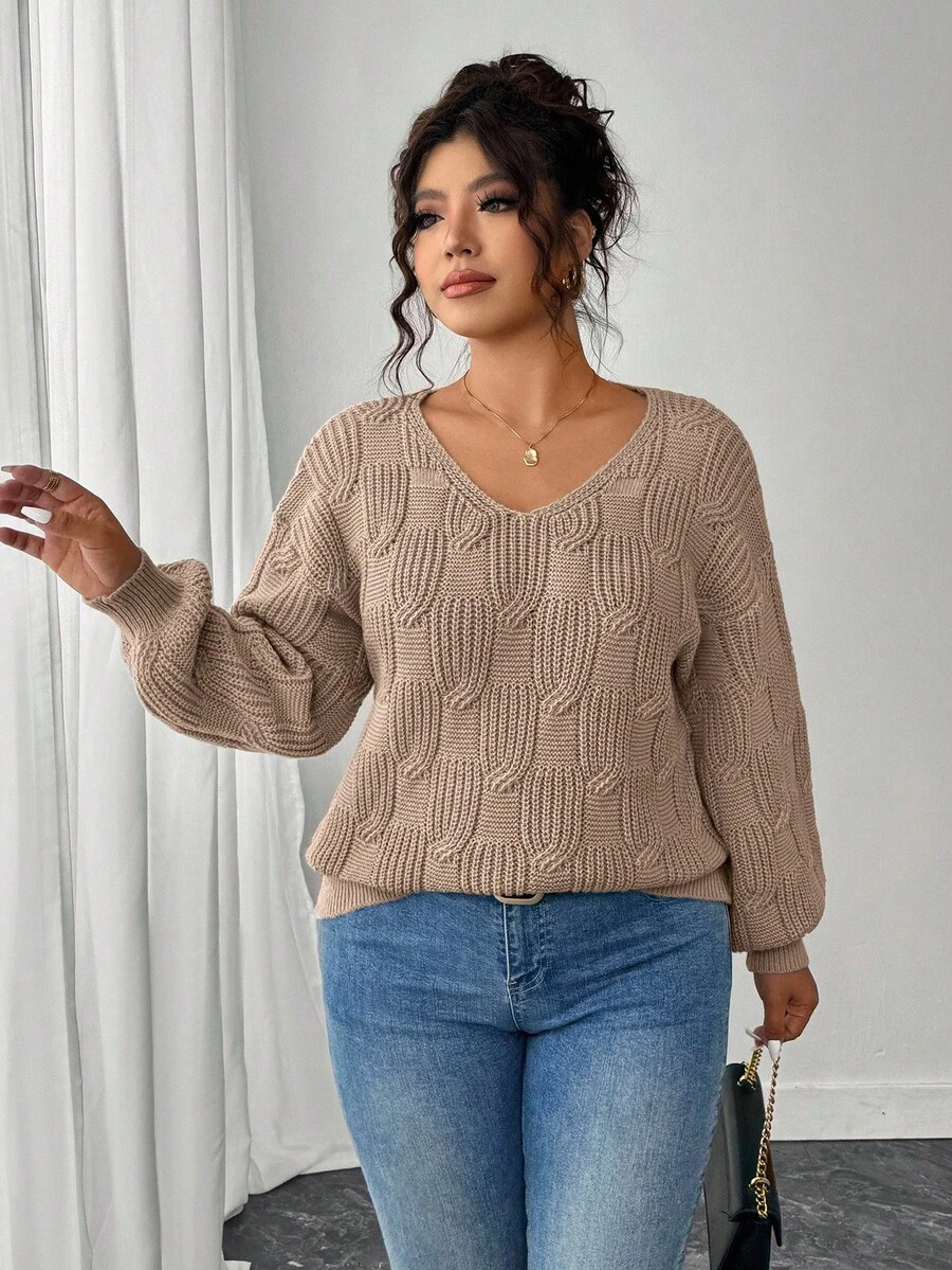 Elenzga Sweater Rajut Lengan Panjang Leher V Ukuran Besar untuk Wanita, Gaya Kasual Musim Dingin, Gugur, dan Musim Panas - Aprikot - View 1