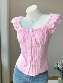 Comfortcana Blusa de mujer de verano con mangas abullonadas y rayas rosas