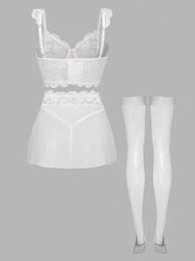 SHEIN 5pcs Set: Lace Splice Mesh Ruffle Strap Bow Bra Top + G-String + Slit Suspender Skirt + 2pcs Stockings, Sexy For Going Out - White - View 7