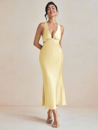 Amiko Light Yellow Bias Drape Satin Slip Dress With Tie Back Wedding Elegant Dress Summer Vacation