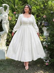 Flirla Đầm dài tay màu trắng thường ngày/công sở cỡ lớn dành cho nữ - trắng - Xem 1