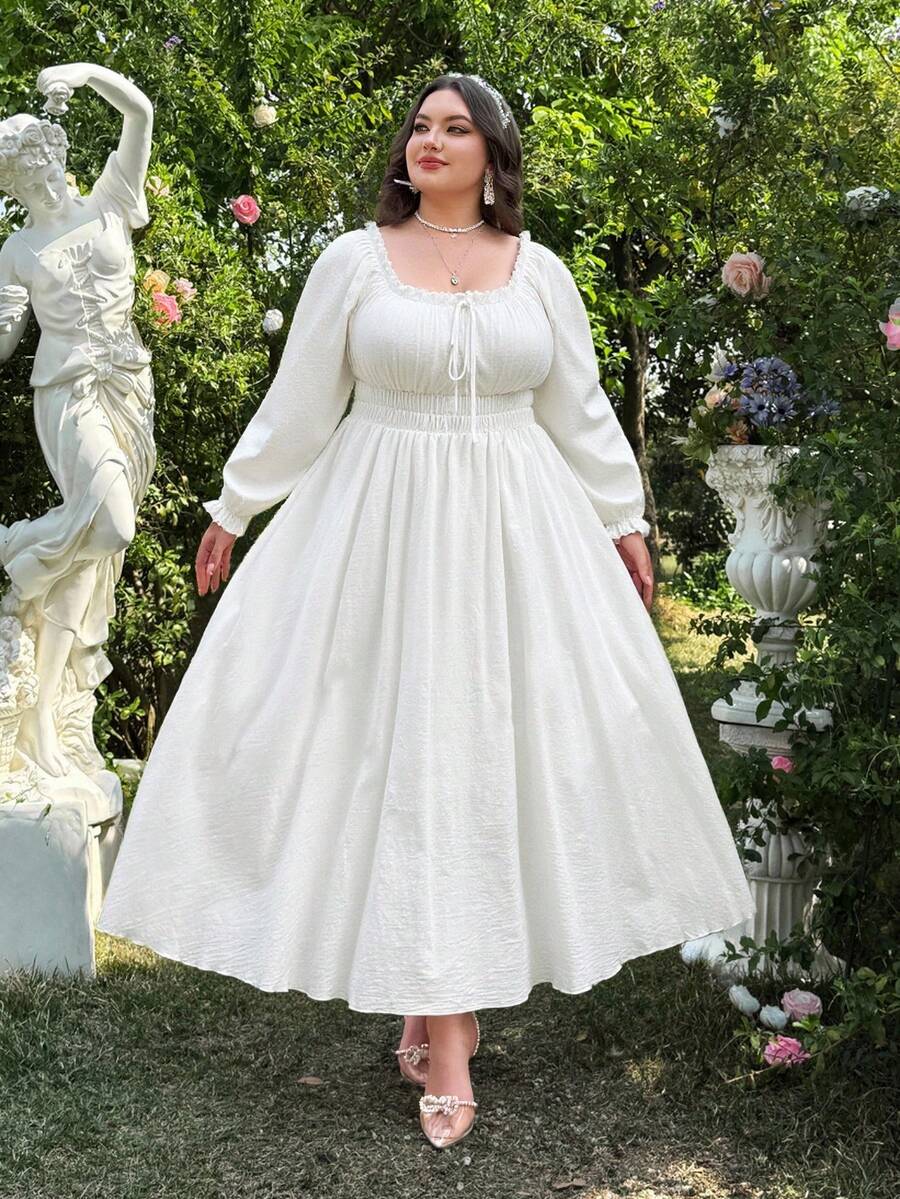 Flirla Đầm dài tay màu trắng thường ngày/công sở cỡ lớn dành cho nữ - trắng - Xem 1