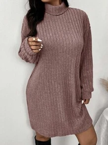 SHEIN Frenchy 休闲简约高领罗纹拉绒连衣裙，加大码，适合秋冬休闲居家穿着 - 粉色 - 查看 3