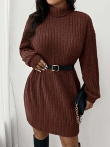 SHEIN Frenchy Casual Minimalist Turtleneck Ribbed Brushed Dress, Plus Size, Suitable For Leisure And Home, Autumn/Winter,Fall Clothes For Women - Coffee Brown - View 6