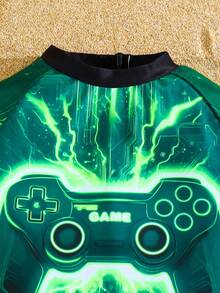 SHEIN Tween Boy Luminous Game Console Graphic Casual Beach One-Piece Swimsuit, Suitable For Seaside, Swimming Pool, Beach And Surfing Boys Swim Rash Guard Boys Swim Shirt Tween Boys Swim Shirt - Green - View 6